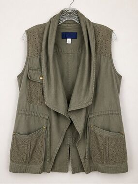 Blue Rain Utility Vest Olive Green Eyelet Lace Cargo Pockets Large